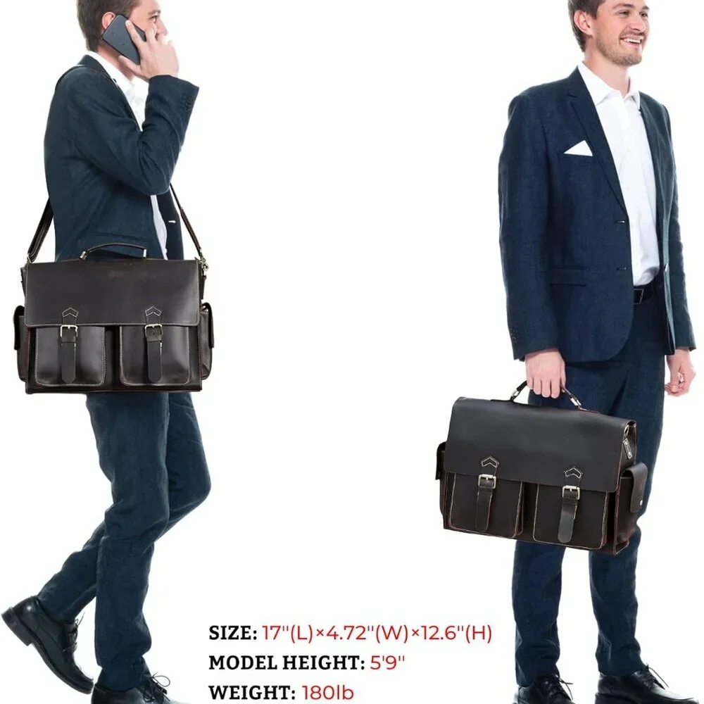 Mens Full Grain Leather Laptop Briefcase Business Messenger Bag Satchel With YKK